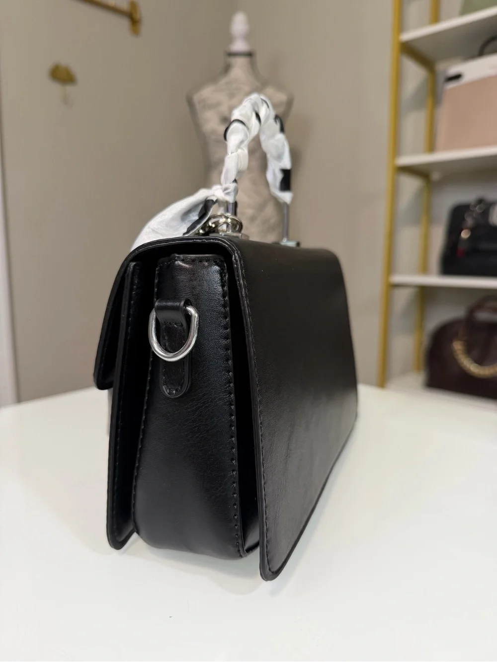 Women's Top-Handle Bag Black with Heart Scarf Accent